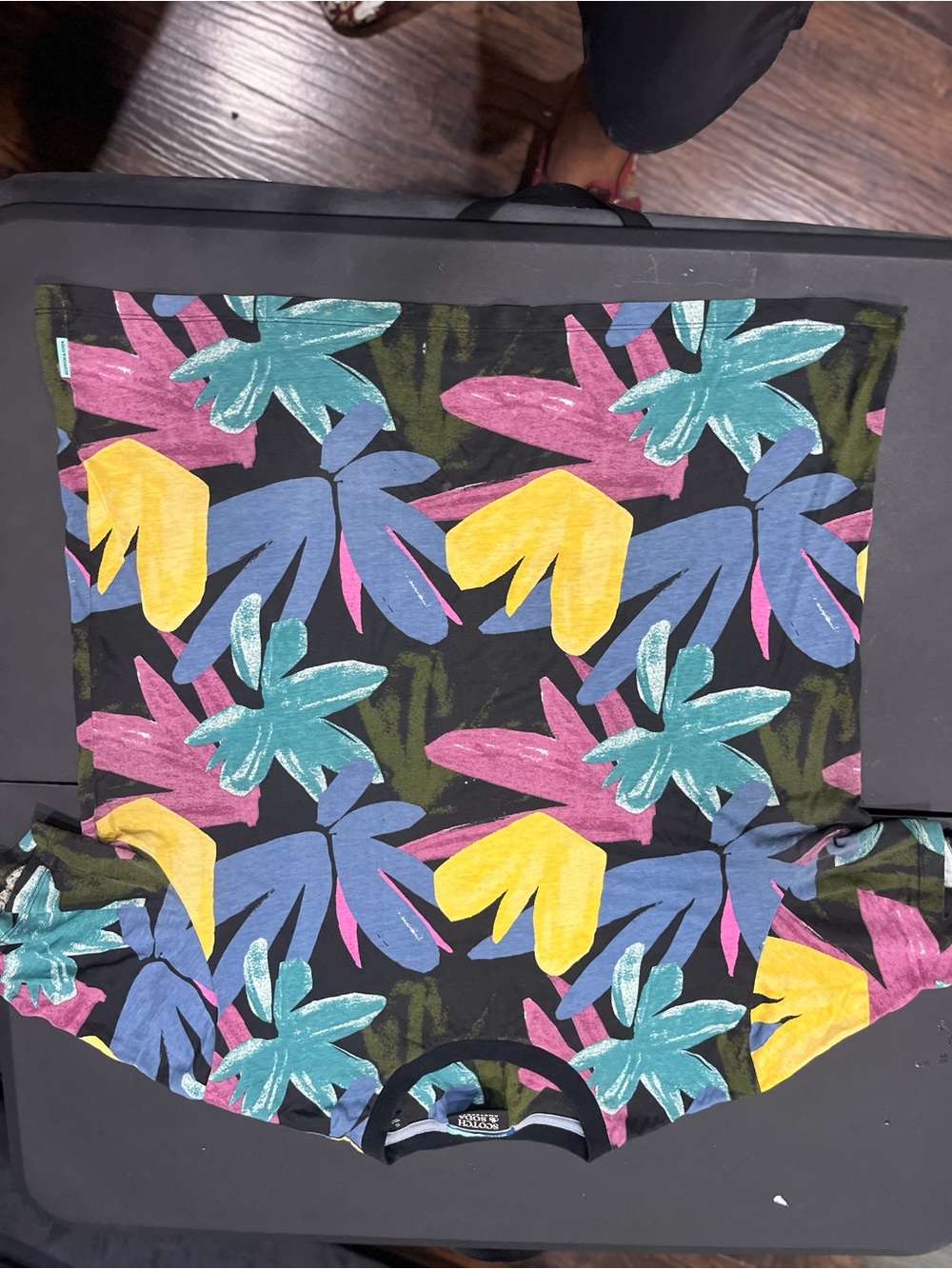 Tropical Print Short Sleeve Tee - Black Background with Bright Florals